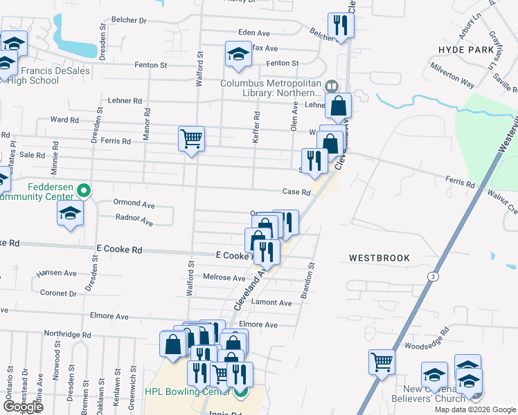 map of restaurants, bars, coffee shops, grocery stores, and more near 2120 Ormond Avenue in Columbus