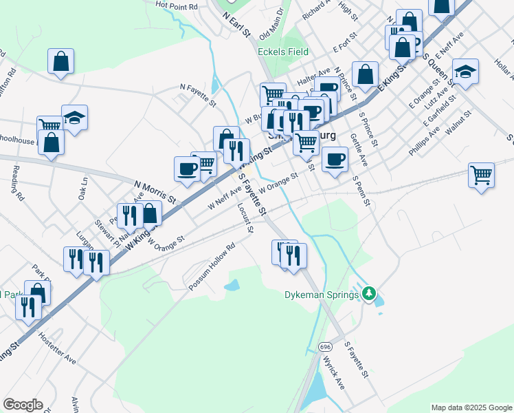 map of restaurants, bars, coffee shops, grocery stores, and more near 118 South Fayette Street in Shippensburg