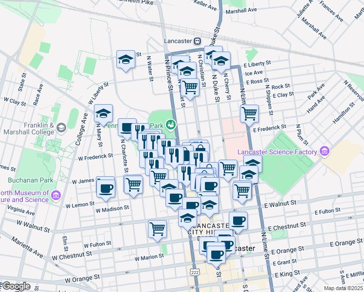 map of restaurants, bars, coffee shops, grocery stores, and more near 555 North Prince Street in Lancaster