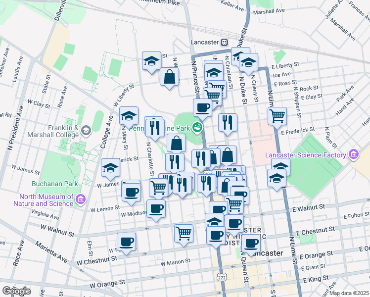 map of restaurants, bars, coffee shops, grocery stores, and more near 265 Harrisburg Pike in Lancaster