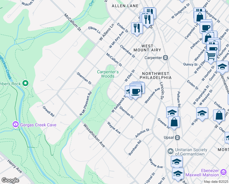 map of restaurants, bars, coffee shops, grocery stores, and more near 629 West Ellet Street in Philadelphia