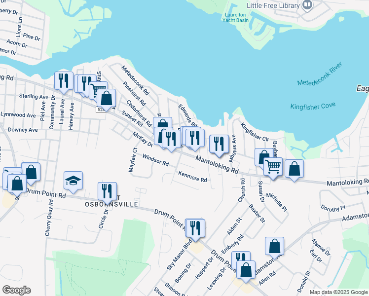 map of restaurants, bars, coffee shops, grocery stores, and more near 114 Dock Road in Brick