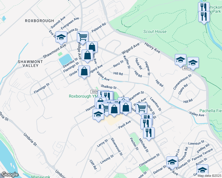 map of restaurants, bars, coffee shops, grocery stores, and more near 7234 Shalkop Street in Philadelphia