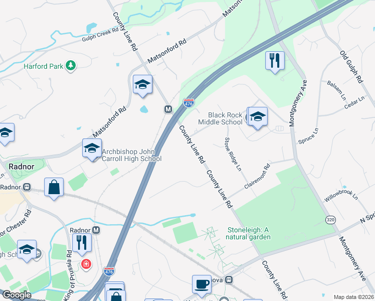 map of restaurants, bars, coffee shops, grocery stores, and more near 727 County Line Road in Villanova