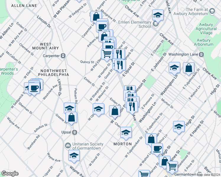 map of restaurants, bars, coffee shops, grocery stores, and more near 37 West Upsal Street in Philadelphia