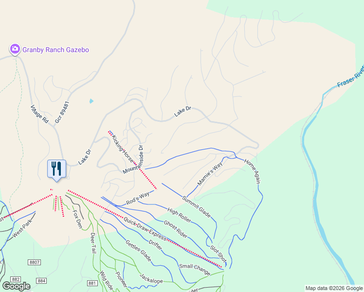 map of restaurants, bars, coffee shops, grocery stores, and more near 1115 Cirrus Way in Granby