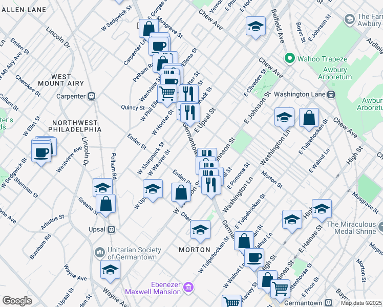 map of restaurants, bars, coffee shops, grocery stores, and more near 6446 Germantown Avenue in Philadelphia