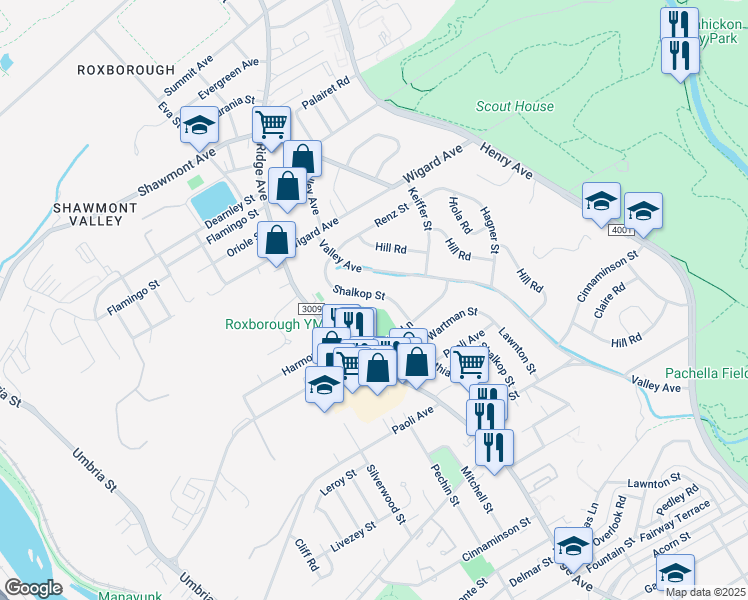 map of restaurants, bars, coffee shops, grocery stores, and more near 7228 Shalkop Street in Philadelphia