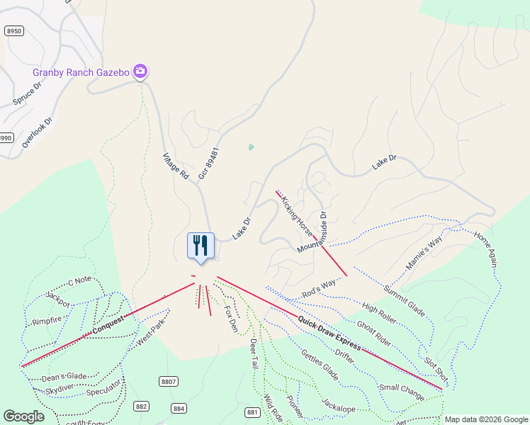 map of restaurants, bars, coffee shops, grocery stores, and more near 161 Mountainside Drive in Granby