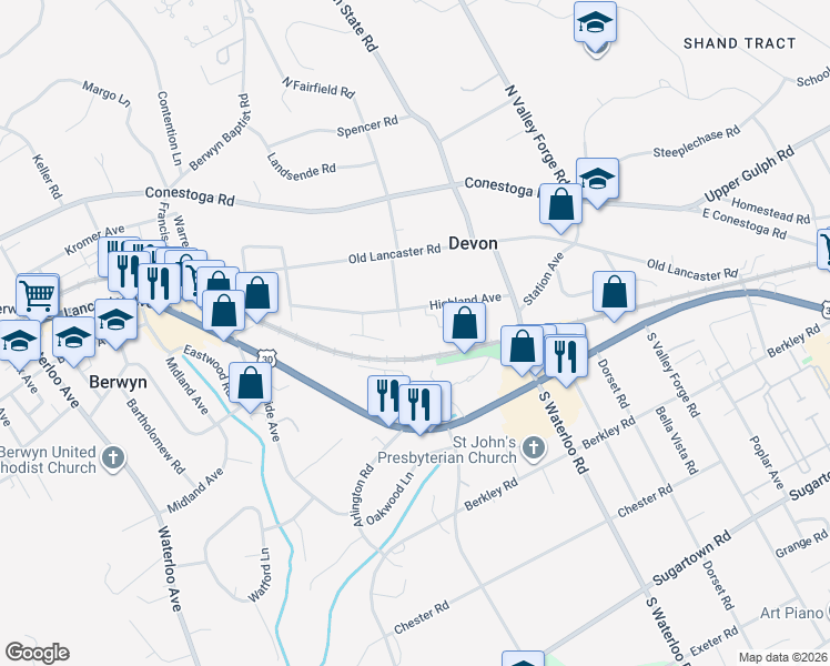 map of restaurants, bars, coffee shops, grocery stores, and more near 228 Highland Ave in Devon-Berwyn