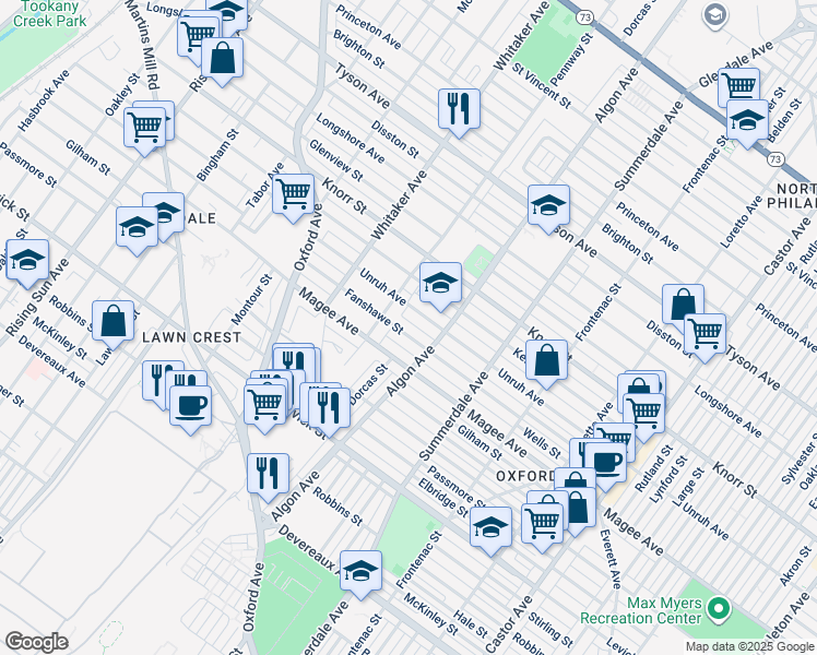 map of restaurants, bars, coffee shops, grocery stores, and more near 1021 Fanshawe Street in Philadelphia