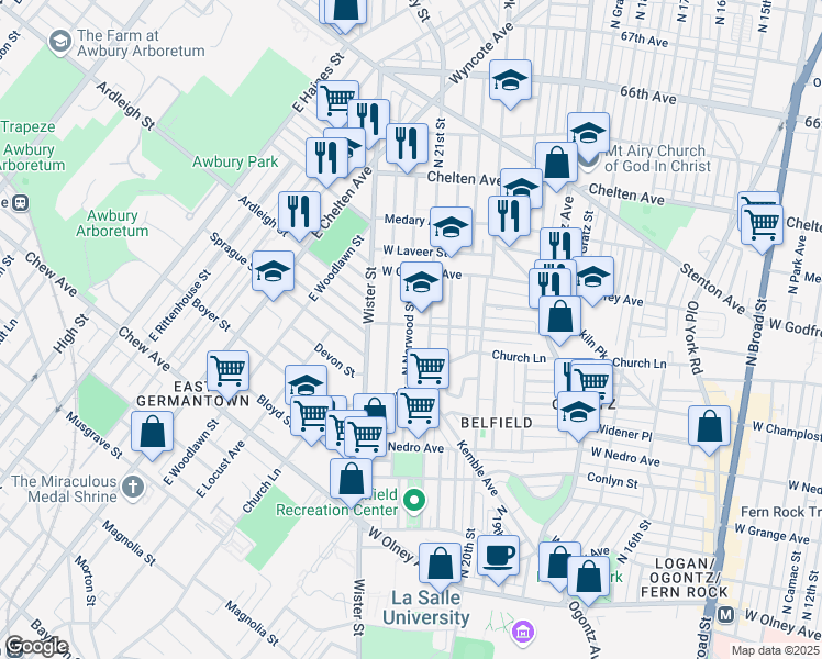 map of restaurants, bars, coffee shops, grocery stores, and more near 2120 West Spencer Street in Philadelphia