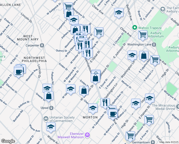 map of restaurants, bars, coffee shops, grocery stores, and more near 6446 Germantown Avenue in Philadelphia