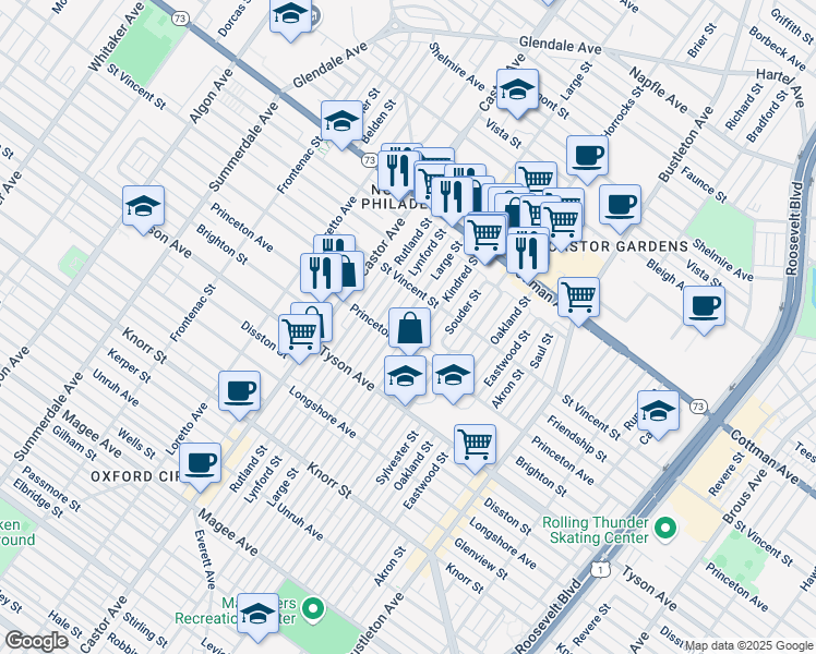 map of restaurants, bars, coffee shops, grocery stores, and more near 7117 Kindred Street in Philadelphia