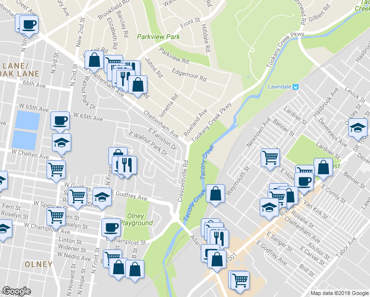 map of restaurants, bars, coffee shops, grocery stores, and more near 6534 Crescentville Road in Philadelphia