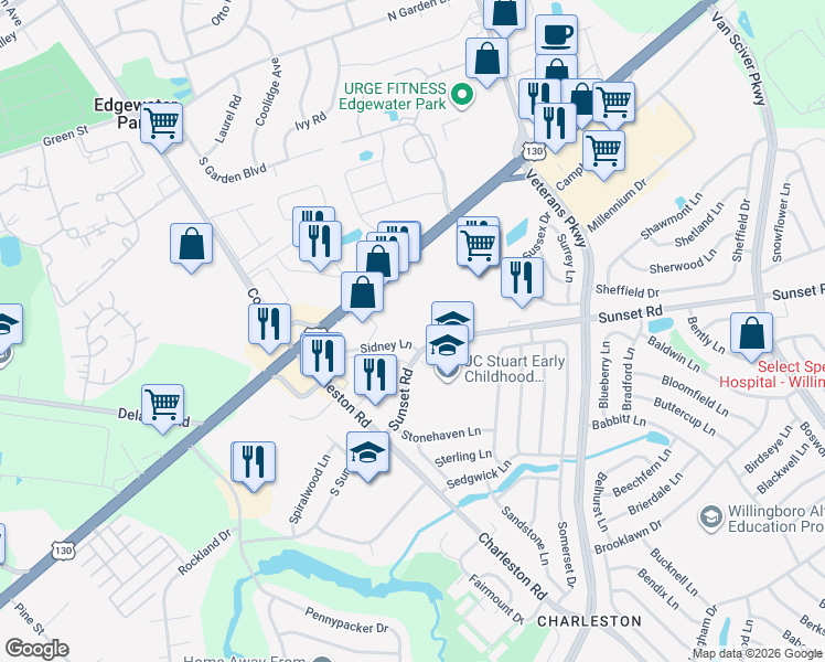 map of restaurants, bars, coffee shops, grocery stores, and more near 55 Sunset Road in Willingboro