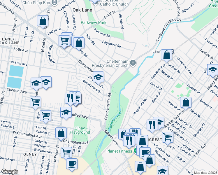 map of restaurants, bars, coffee shops, grocery stores, and more near 6534 Crescentville Road in Philadelphia
