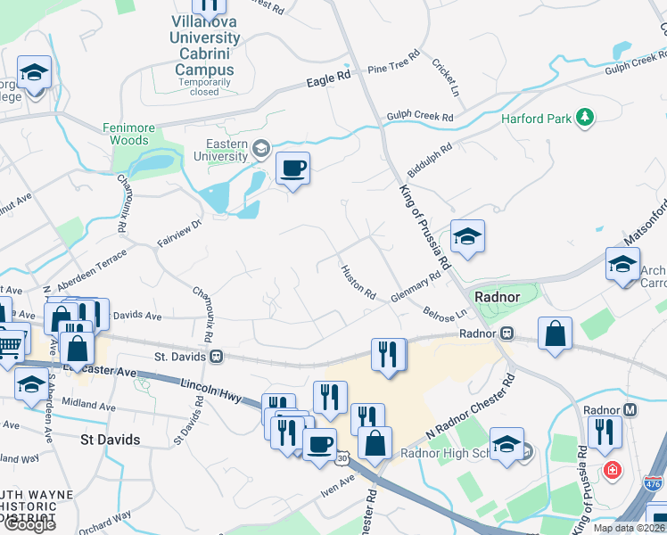 map of restaurants, bars, coffee shops, grocery stores, and more near 458 Huston Road in Wayne