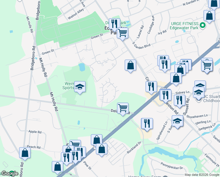 map of restaurants, bars, coffee shops, grocery stores, and more near 200 Delanco Road in Edgewater Park