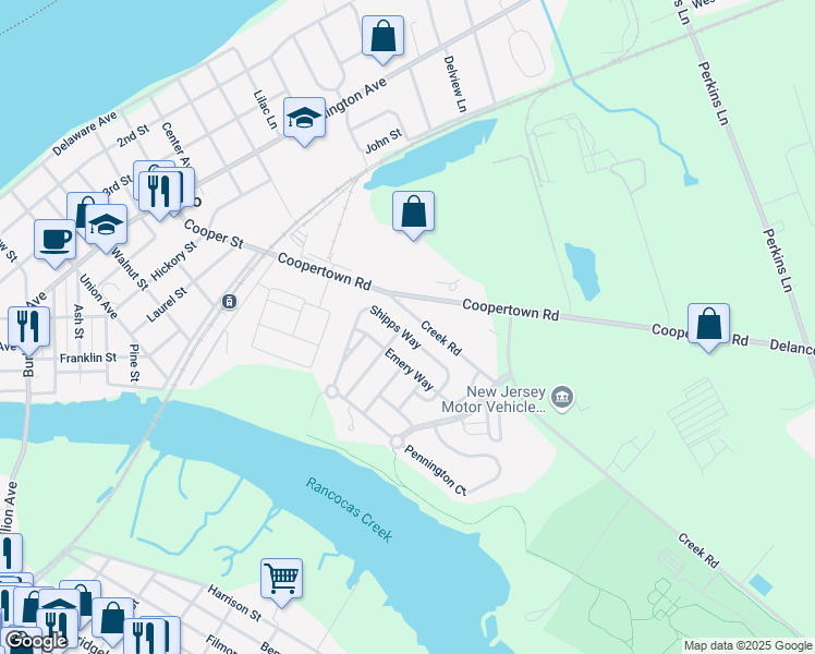 map of restaurants, bars, coffee shops, grocery stores, and more near 35 Shipps Way in Delanco
