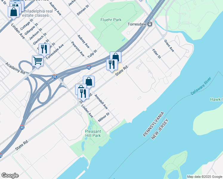 map of restaurants, bars, coffee shops, grocery stores, and more near 46101 Delaire Landing Road in Philadelphia