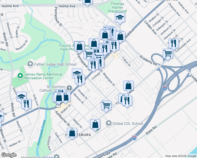 map of restaurants, bars, coffee shops, grocery stores, and more near 8731 Gillespie Street in Philadelphia