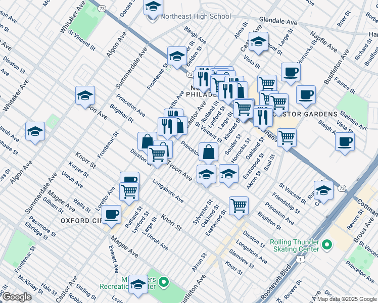 map of restaurants, bars, coffee shops, grocery stores, and more near 7050 Lynford Street in Philadelphia