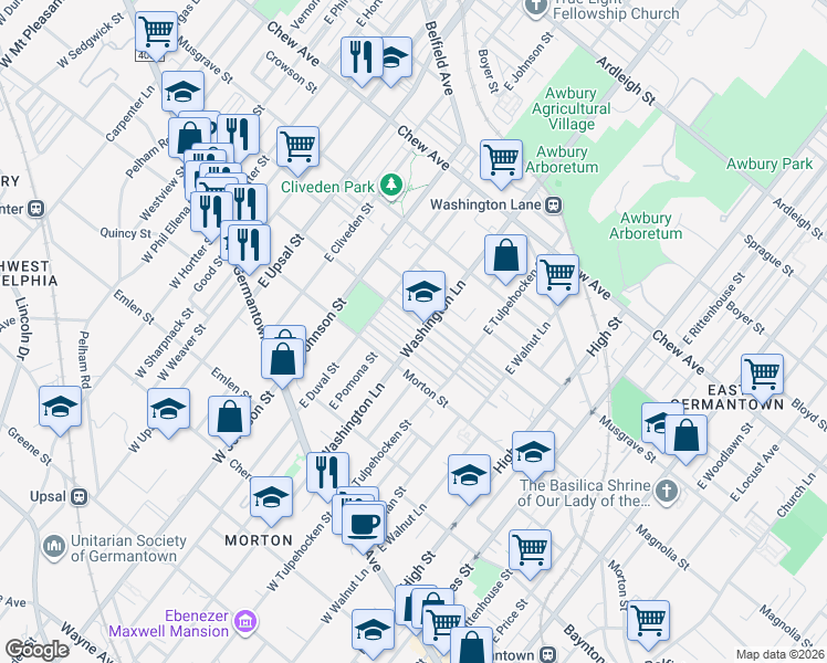 map of restaurants, bars, coffee shops, grocery stores, and more near 6261 Gardenia Street in Philadelphia