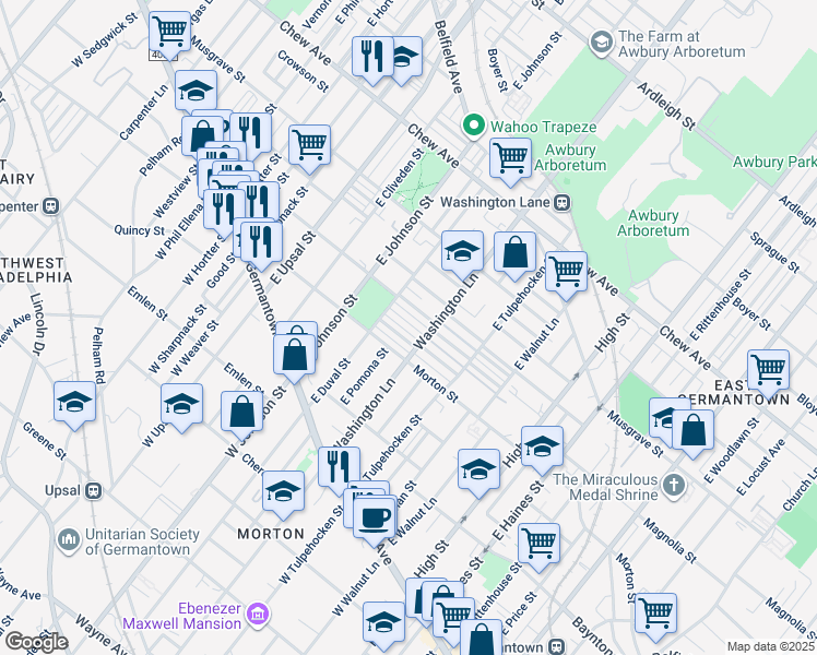 map of restaurants, bars, coffee shops, grocery stores, and more near 6261 Gardenia Street in Philadelphia
