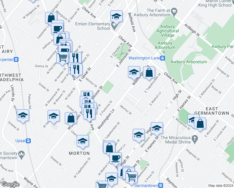 map of restaurants, bars, coffee shops, grocery stores, and more near 6329 Morton Street in Philadelphia