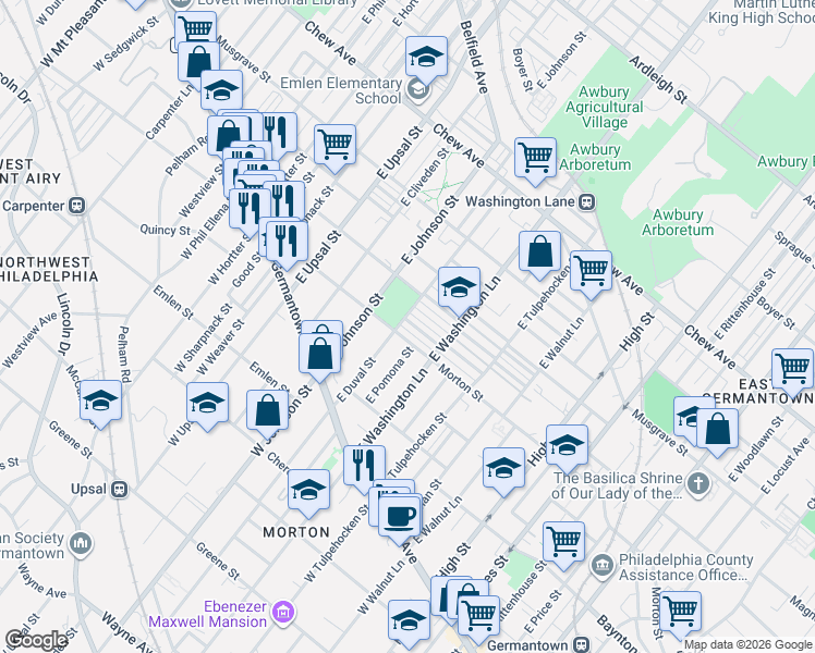 map of restaurants, bars, coffee shops, grocery stores, and more near 6329 Morton Street in Philadelphia