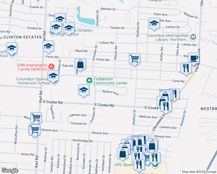 map of restaurants, bars, coffee shops, grocery stores, and more near 1850 Radnor Avenue in Columbus