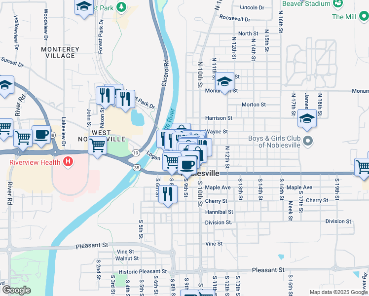 map of restaurants, bars, coffee shops, grocery stores, and more near 930 Logan Street in Noblesville