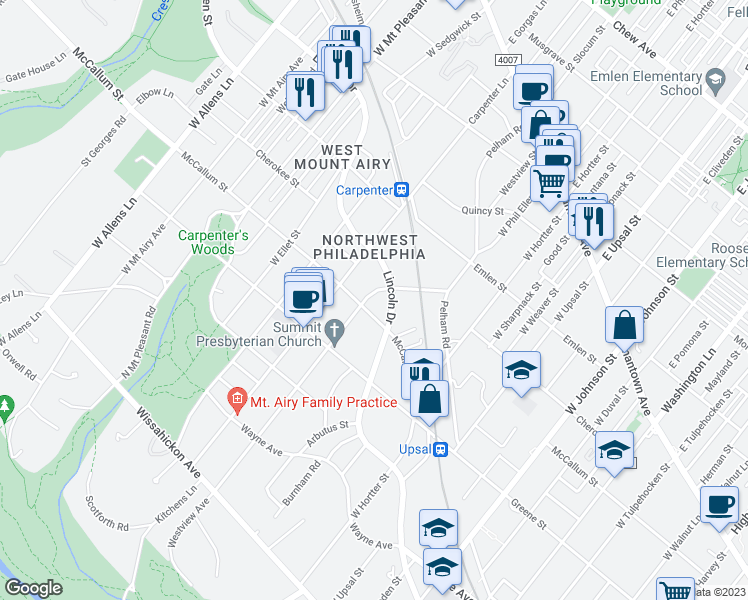 map of restaurants, bars, coffee shops, grocery stores, and more near 406 Westview Street in Philadelphia