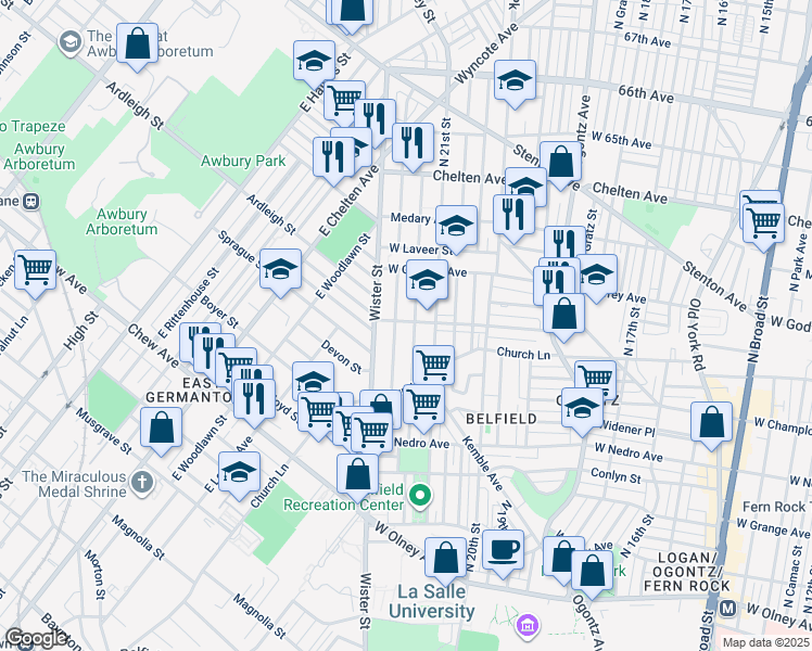 map of restaurants, bars, coffee shops, grocery stores, and more near 2132 West Spencer Street in Philadelphia