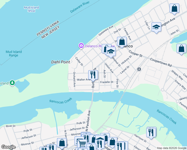 map of restaurants, bars, coffee shops, grocery stores, and more near 403 Burlington Avenue in Delanco