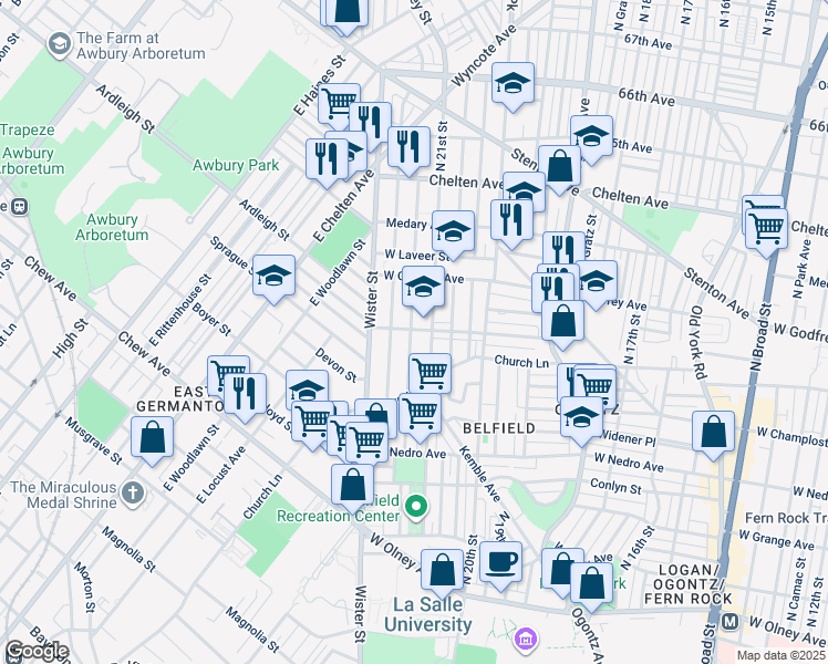 map of restaurants, bars, coffee shops, grocery stores, and more near 2112 West Spencer Avenue in Philadelphia