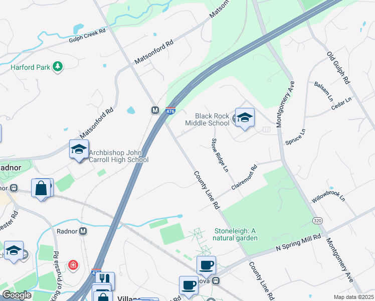 map of restaurants, bars, coffee shops, grocery stores, and more near 2001 County Line Road in Villanova