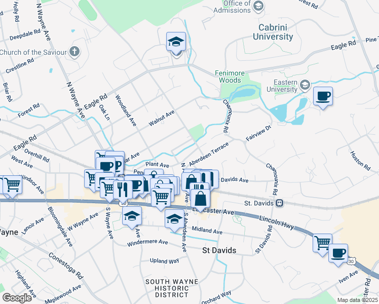 map of restaurants, bars, coffee shops, grocery stores, and more near 266 North Aberdeen Avenue in Wayne