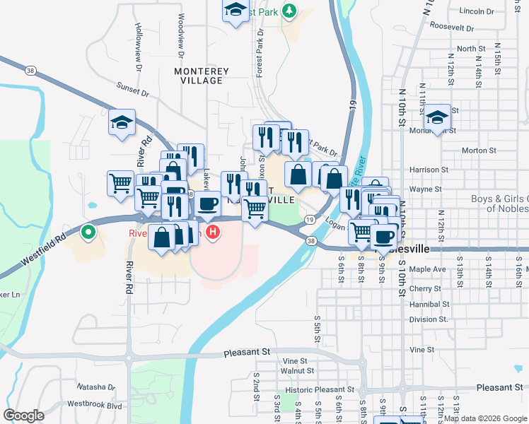 map of restaurants, bars, coffee shops, grocery stores, and more near 190 Westfield Road in Noblesville
