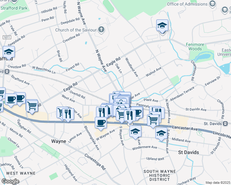 map of restaurants, bars, coffee shops, grocery stores, and more near 304 North Wayne Avenue in Wayne