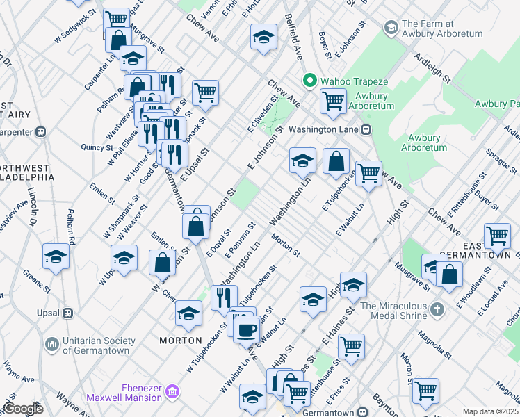 map of restaurants, bars, coffee shops, grocery stores, and more near 6329 Gardenia Street in Philadelphia