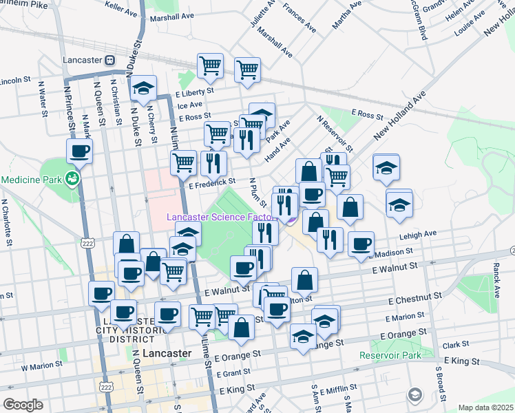 map of restaurants, bars, coffee shops, grocery stores, and more near 550 North Plum Street in Lancaster