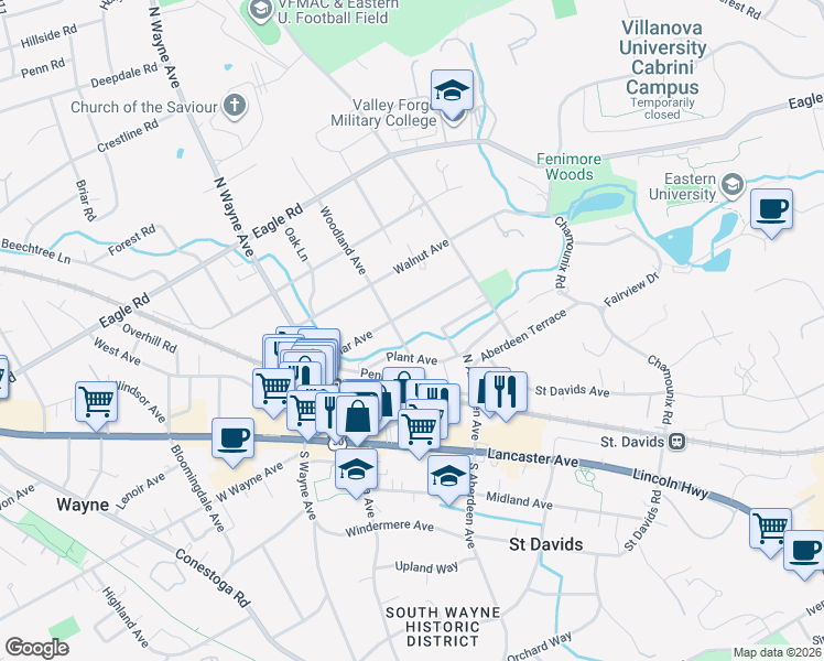 map of restaurants, bars, coffee shops, grocery stores, and more near 113 Woodland Avenue in Wayne