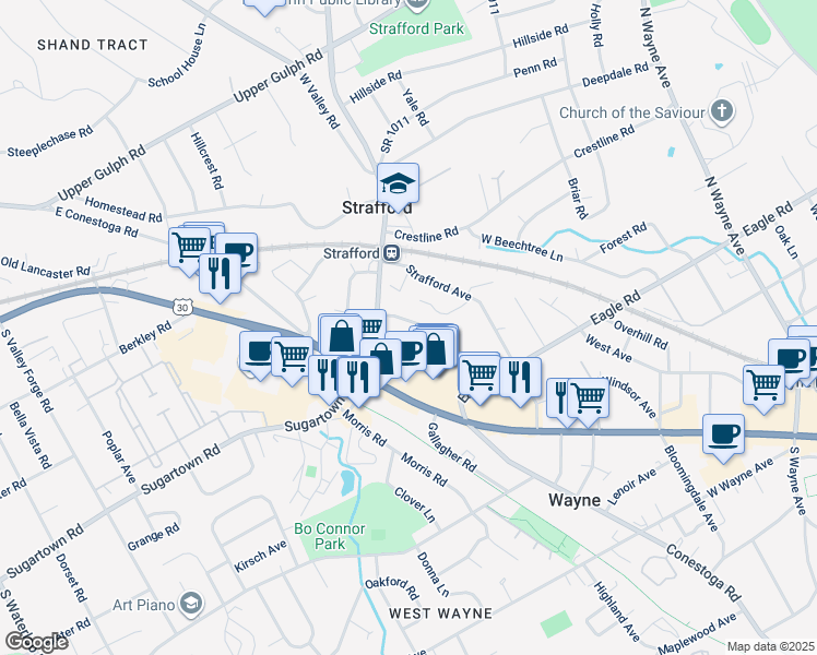 map of restaurants, bars, coffee shops, grocery stores, and more near 10 Forrest Lane in Wayne