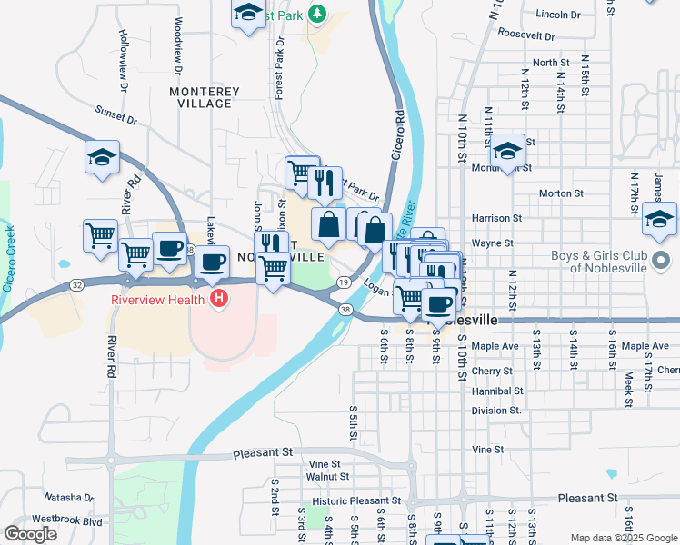 map of restaurants, bars, coffee shops, grocery stores, and more near 107 Logan St in Noblesville