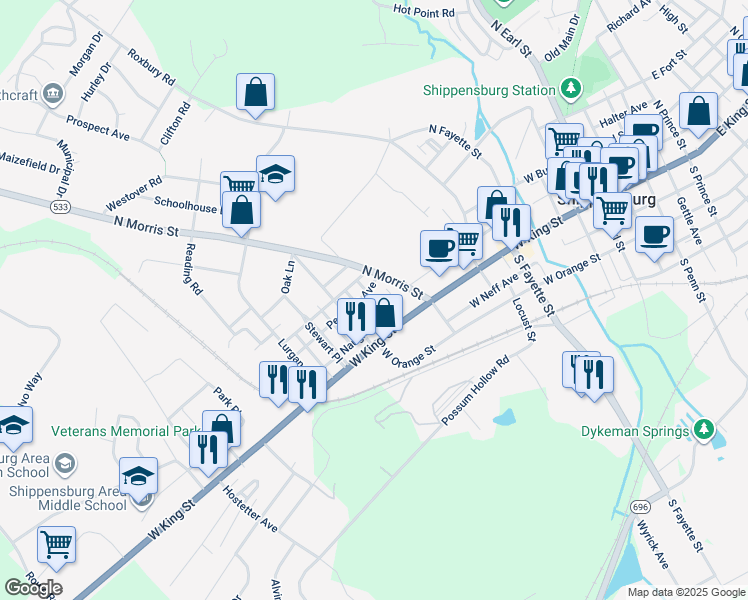 map of restaurants, bars, coffee shops, grocery stores, and more near 32 Montgomery Avenue in Shippensburg