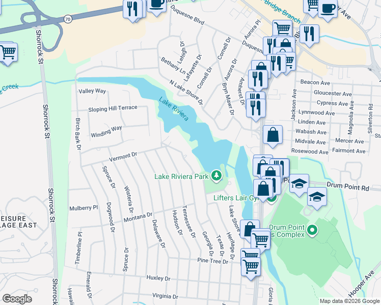 map of restaurants, bars, coffee shops, grocery stores, and more near 401 Lake Shore Drive in Brick Township