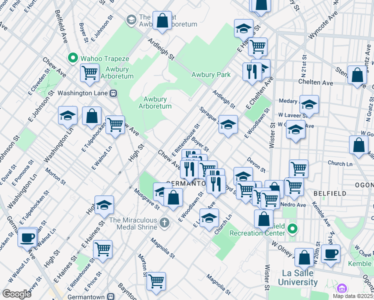 map of restaurants, bars, coffee shops, grocery stores, and more near 845 East Price Street in Philadelphia