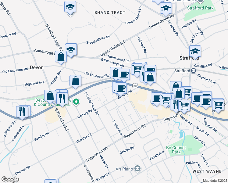 map of restaurants, bars, coffee shops, grocery stores, and more near 58 Grove Avenue in Devon